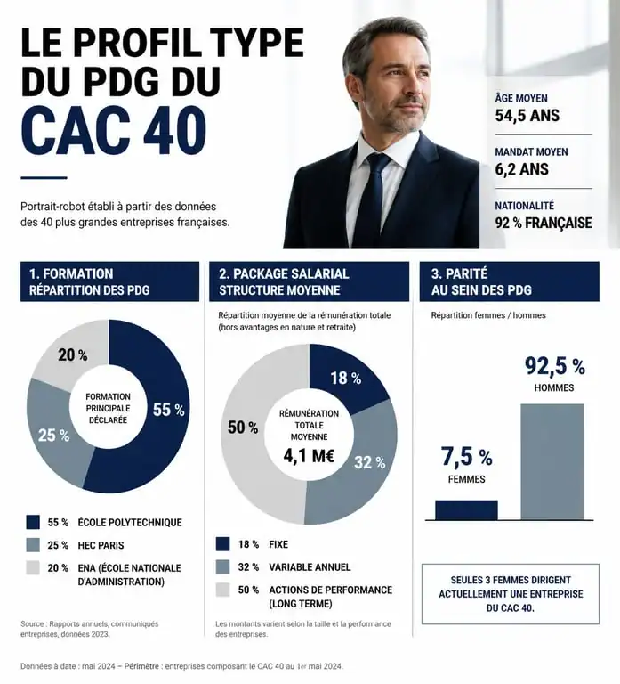 Infographie du profil type des PDG du CAC 40 : formation, rémunération et diversité