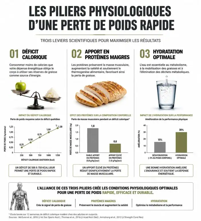 Infographie sur les piliers physiologiques pour un régime rapide et efficace
