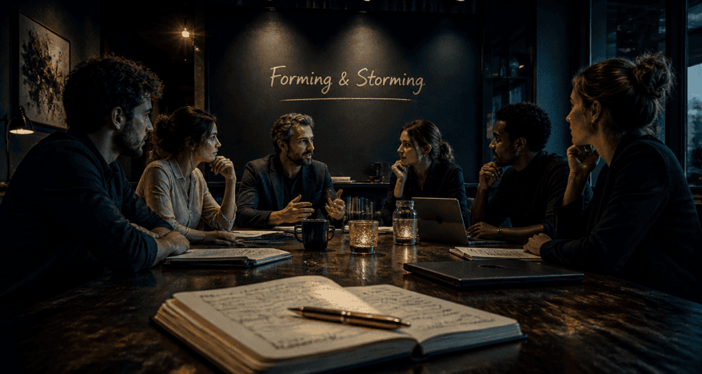 Réunion équipe forming storming discussion