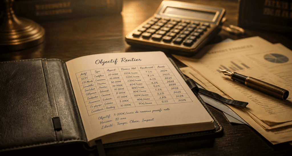 objectif rentier carnet et calculatrice sur bureau