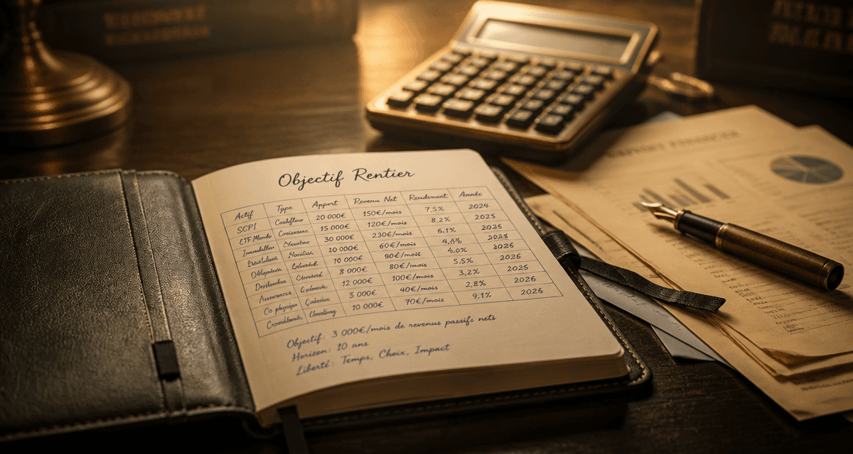 objectif rentier carnet et calculatrice sur bureau
