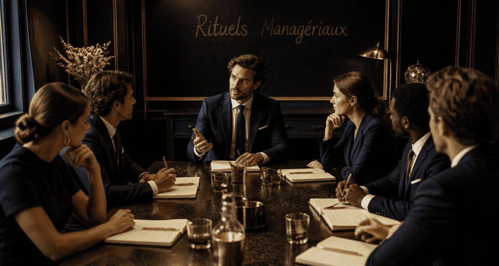 Rituels managériaux autour d'une table en réunion