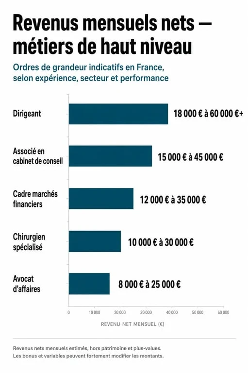 Infographie comparative des salaires mensuels pour les métiers rapportant plus de 100000 euros par mois