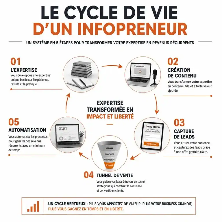 Schéma du modèle économique de l'infopreneur : étapes de création et automatisation d'un infoproduit