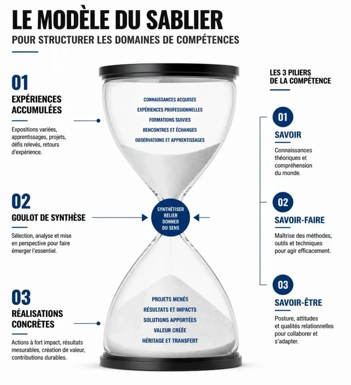 Infographie expliquant la méthode du sablier pour structurer ses domaines de compétences sur un CV