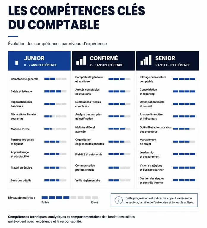 Infographie des compétences comptables par niveau d'expérience : junior, confirmé et senior.