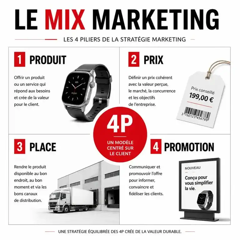 Schéma explicatif des 4P du marketing mix : Produit, Prix, Distribution et Communication
