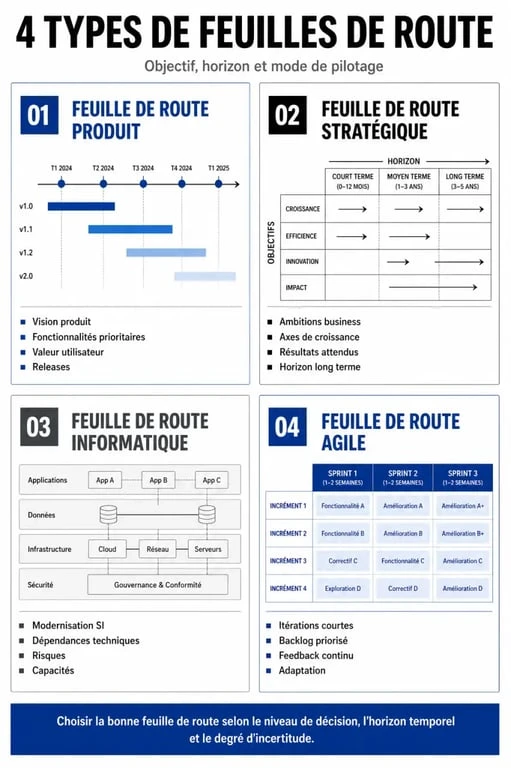 Exemple d'une feuille de route : comparaison des modèles produit, stratégique, informatique et agile