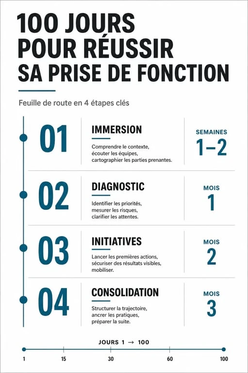 Infographie des étapes clés pour réussir sa prise de fonction sur 100 jours