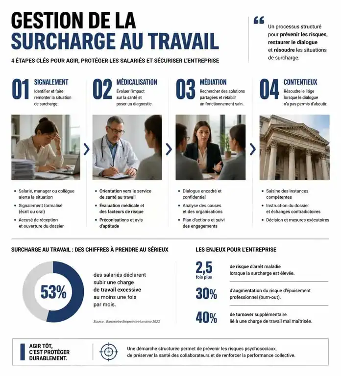 Infographie des étapes pour agir face à une surcharge au travail
