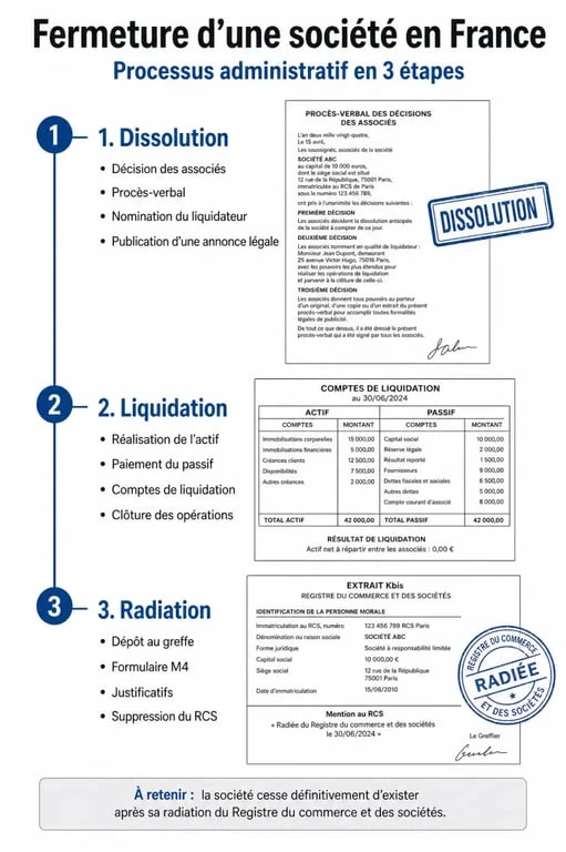 Schéma des étapes de fermeture d'une société : dissolution, liquidation et radiation