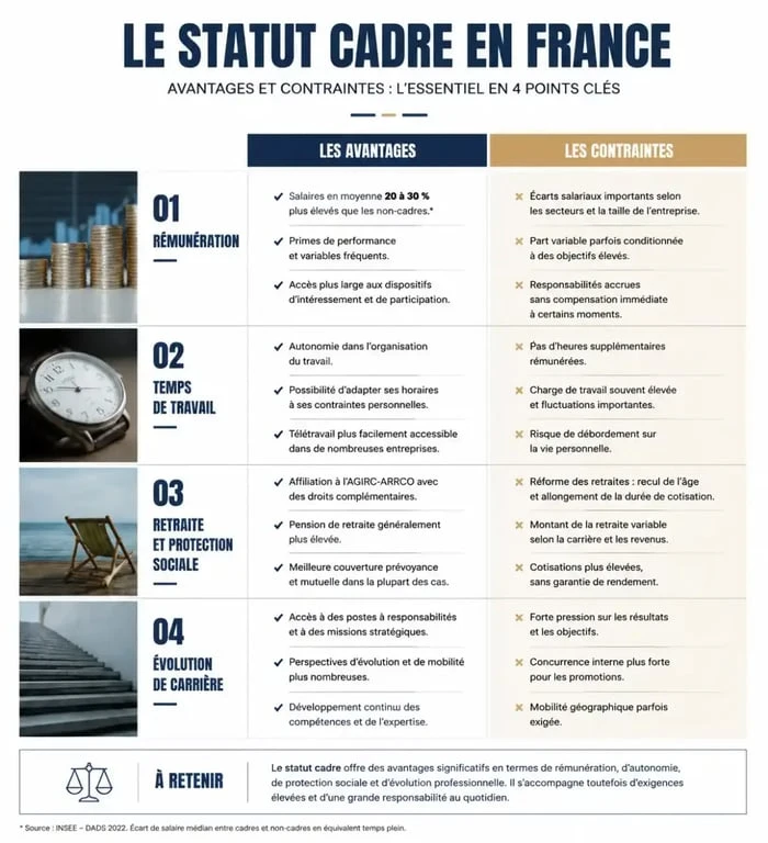 Infographie comparative des avantages et contraintes du statut cadre en France