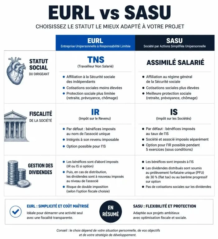 Tableau comparatif EURL vs SASU pour le choix du statut juridique d'entreprise