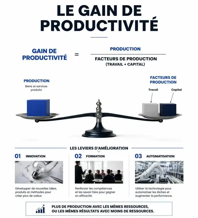 Schéma explicatif du gain de productivité et de ses leviers d'amélioration