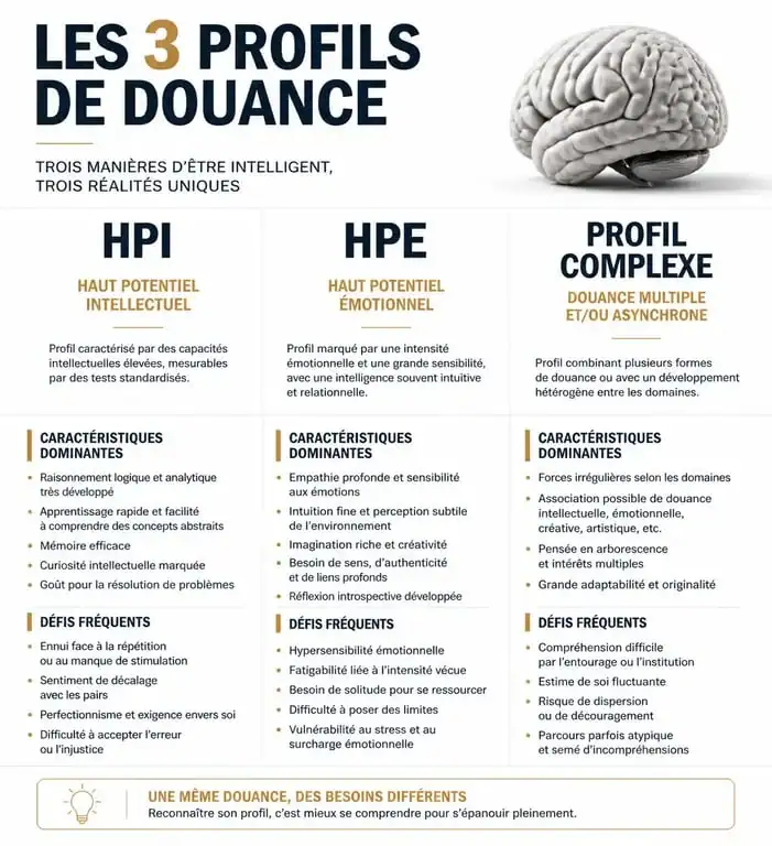 Infographie comparative des profils de surdoués : HPI, HPE et profil complexe