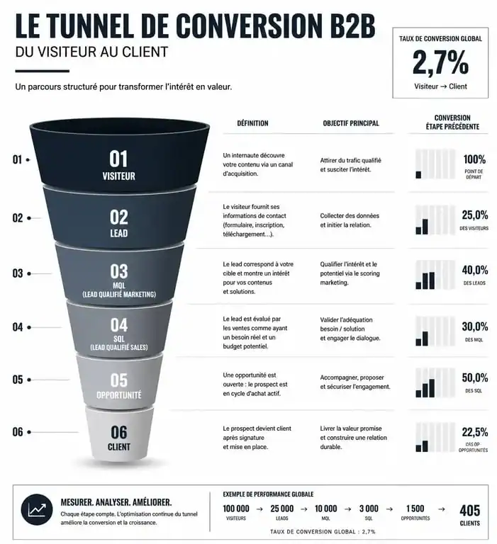 Schéma du tunnel de conversion en lead acquisition marketing B2B