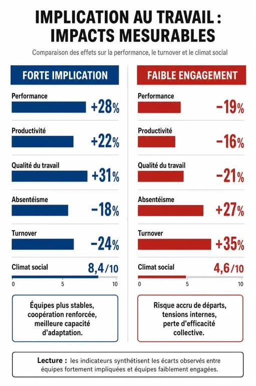 Infographie sur les impacts de l'implication au travail sur la performance et le climat social