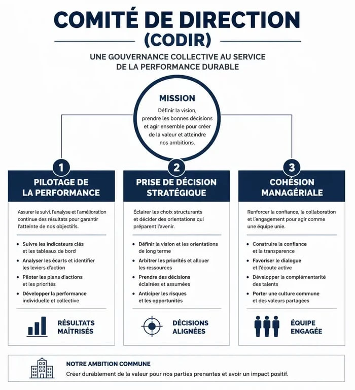 Infographie sur la structure et les missions d'un comité de direction CODIR