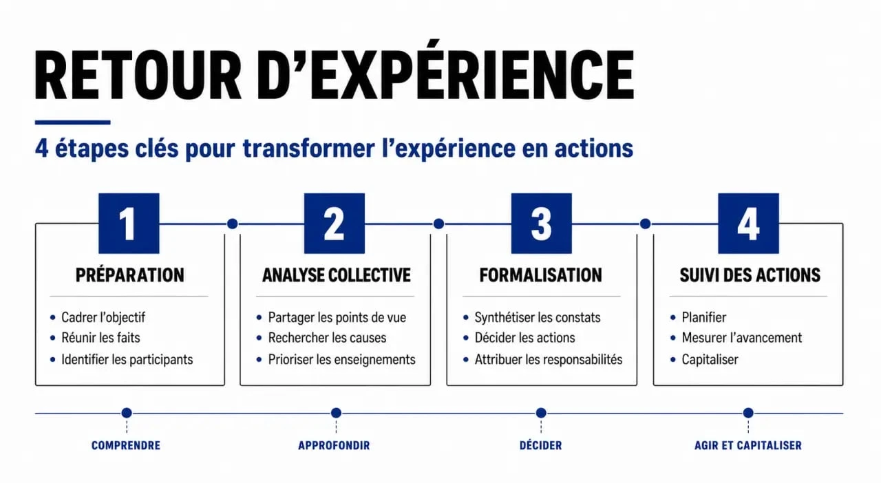 Schéma des quatre étapes clés pour réussir un retour d'expérience en entreprise