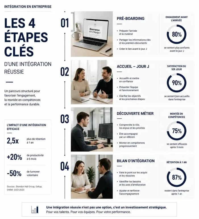 Infographie des étapes de l'intégration en entreprise pour réussir l'onboarding des nouveaux collaborateurs