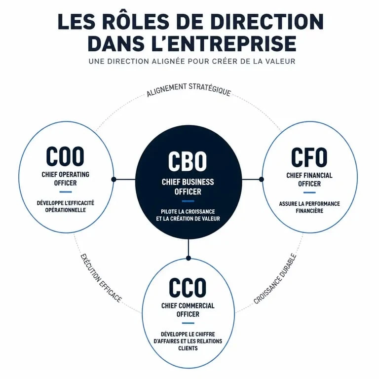 Infographie comparative des rôles de direction : Chief Business Officer, COO, CFO et CCO dans l'entreprise