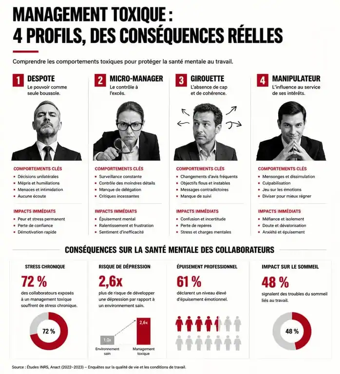 Infographie des profils et signaux d'alerte du management toxique en entreprise