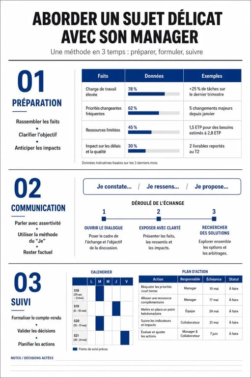 Infographie des étapes pour dire à son chef ce qui ne va pas au travail