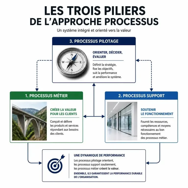 Schéma des trois piliers de l'approche par processus : métier, support et pilotage