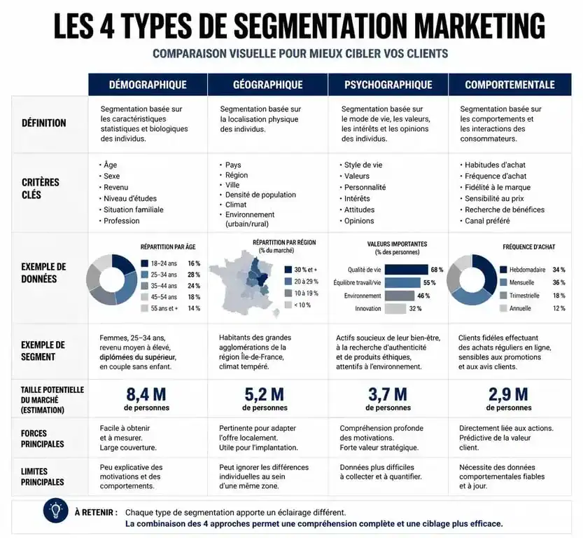 Infographie comparative des méthodes de segmentation marketing : démographique, géographique, psychographique et comportementale.