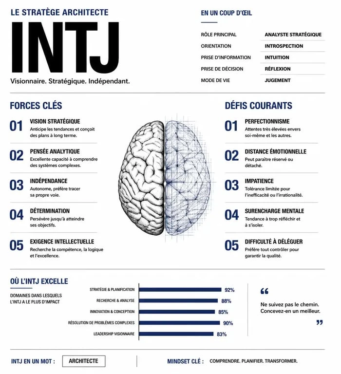 Infographie des forces et défis du profil de personnalité INTJ