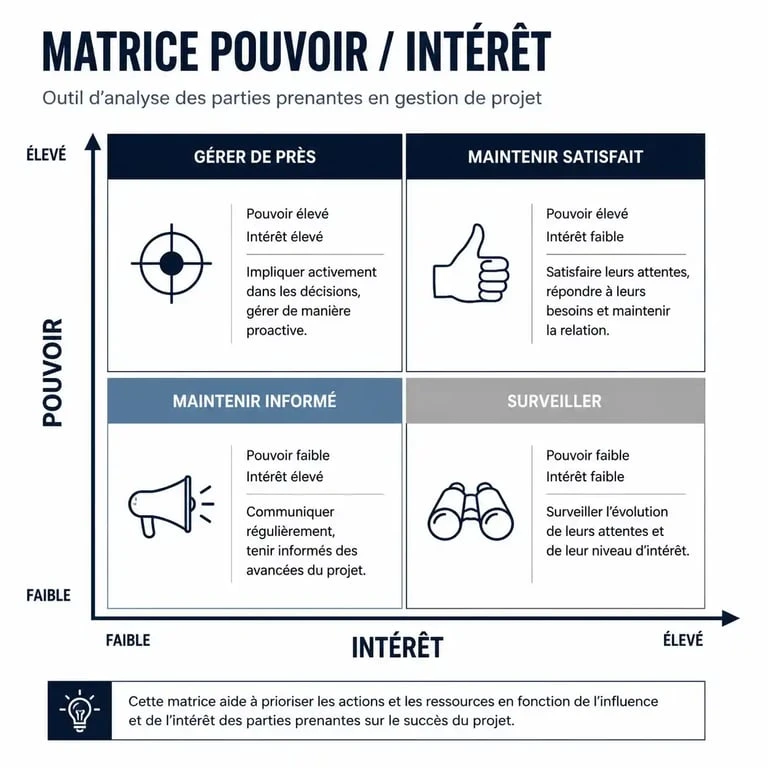 Matrice pouvoir/intérêt pour la gestion des parties prenantes d'un projet