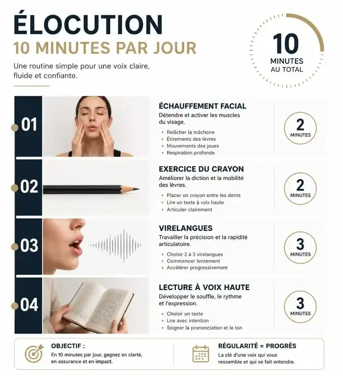 Infographie montrant une routine d'exercice elocution de 10 minutes pour améliorer sa diction