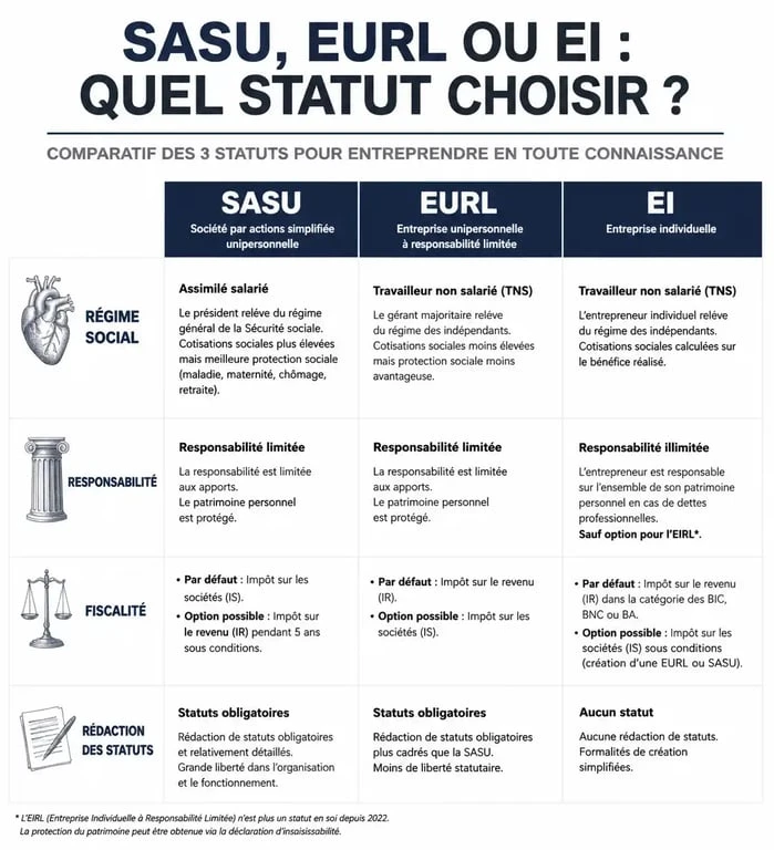 Infographie comparative des formes juridiques : SASU, EURL et Entreprise Individuelle pour choisir son statut juridique.