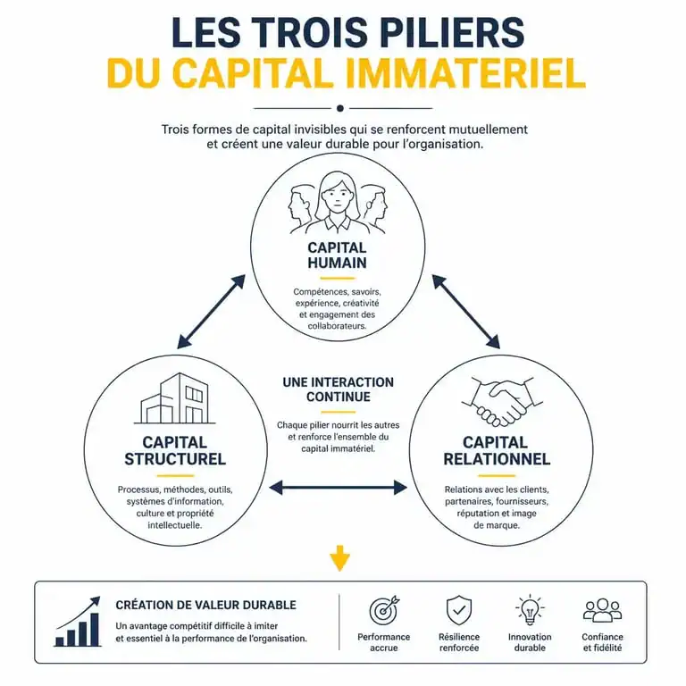 Schéma des trois piliers du capital immatériel : humain, structurel et relationnel pour la valorisation des ressources immatérielles