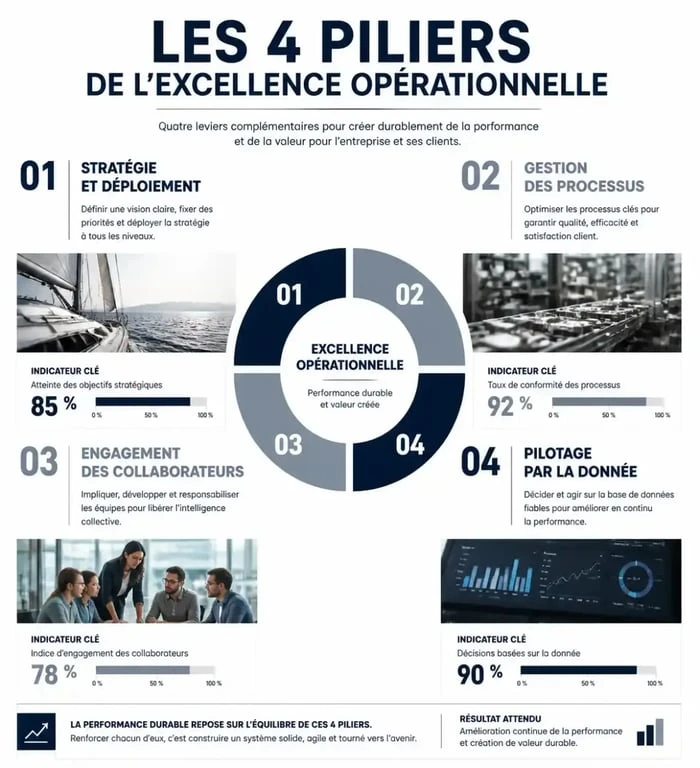 Infographie des 4 piliers de l'excellence opérationnelle pour comprendre la définition et la mise en œuvre en entreprise