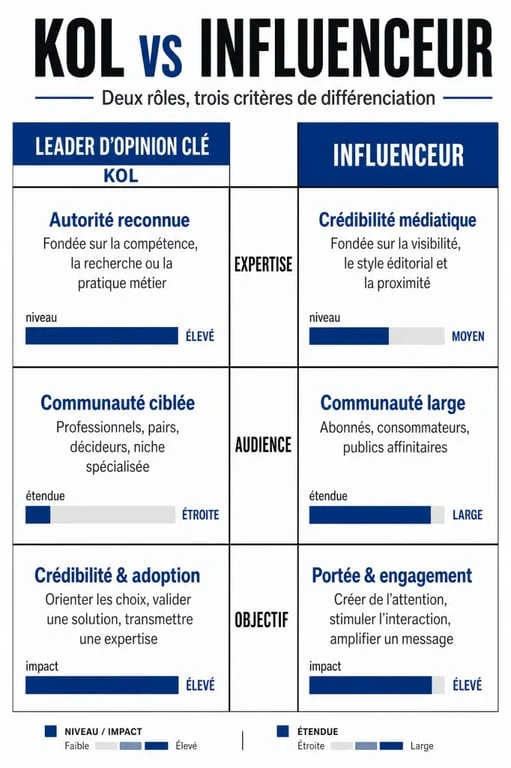 Infographie comparative entre un Key Opinion Leader et un influenceur pour comprendre les différences de stratégie marketing