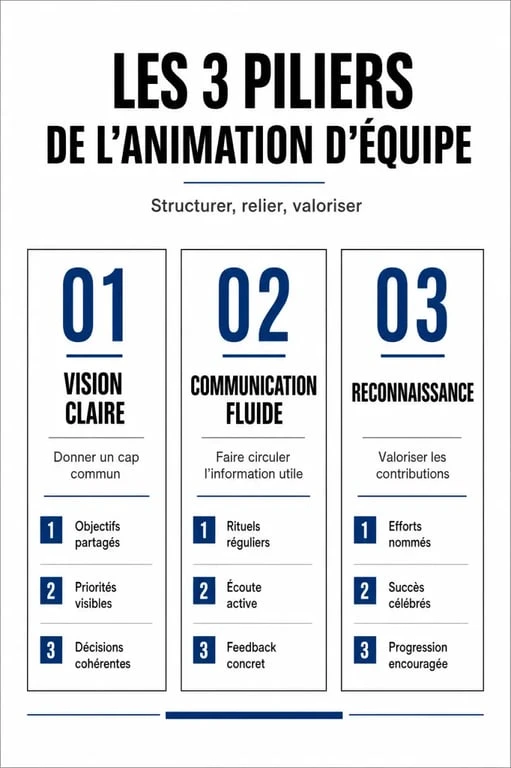 Infographie des 3 piliers pour une animation d'équipe réussie : vision, communication et reconnaissance.