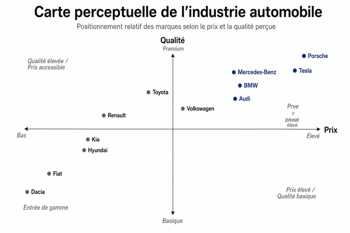 Schéma d'une carte perceptuelle illustrant le positionnement marketing des marques automobiles selon le prix et la qualité.