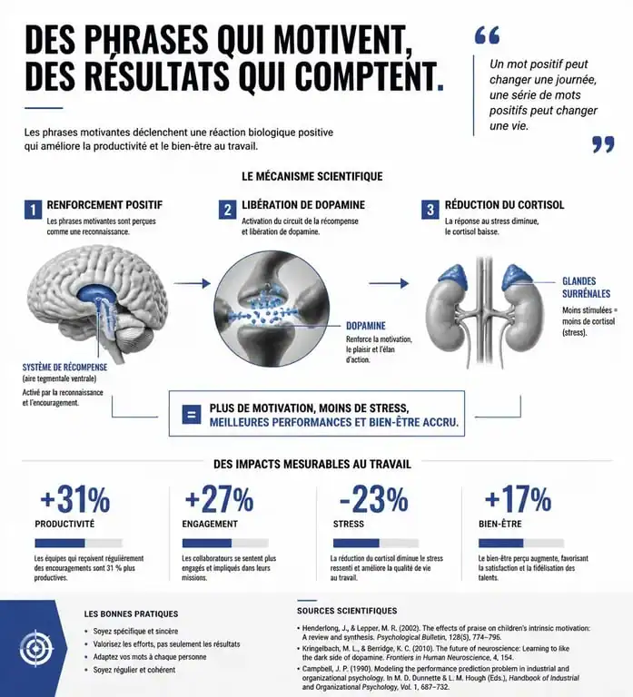 Infographie sur l'impact des phrases motivantes au travail sur la productivité et le bien-être