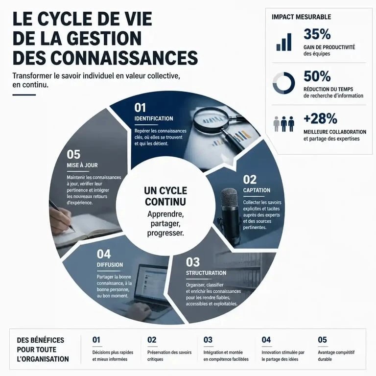 Schéma du cycle de vie de la gestion des connaissances pour la mise en place d'une stratégie de gestion de la connaissance en entreprise