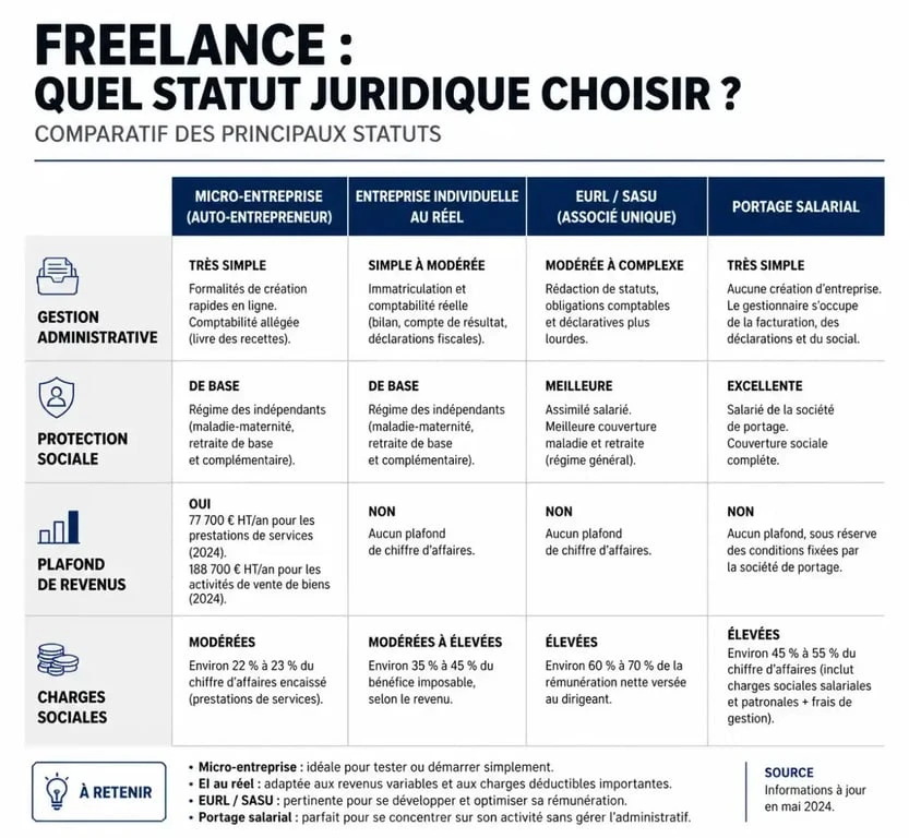 Tableau comparatif des statuts juridiques pour freelance : micro-entreprise, EURL, SASU et portage salarial