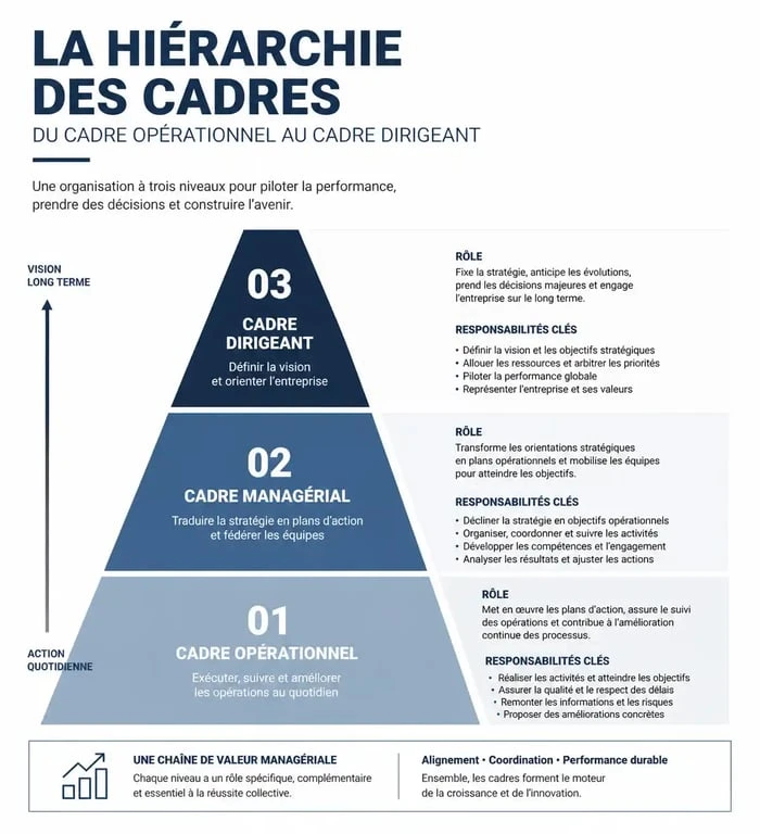 Infographie illustrant les différents niveaux de responsabilité dans un métier cadre en France
