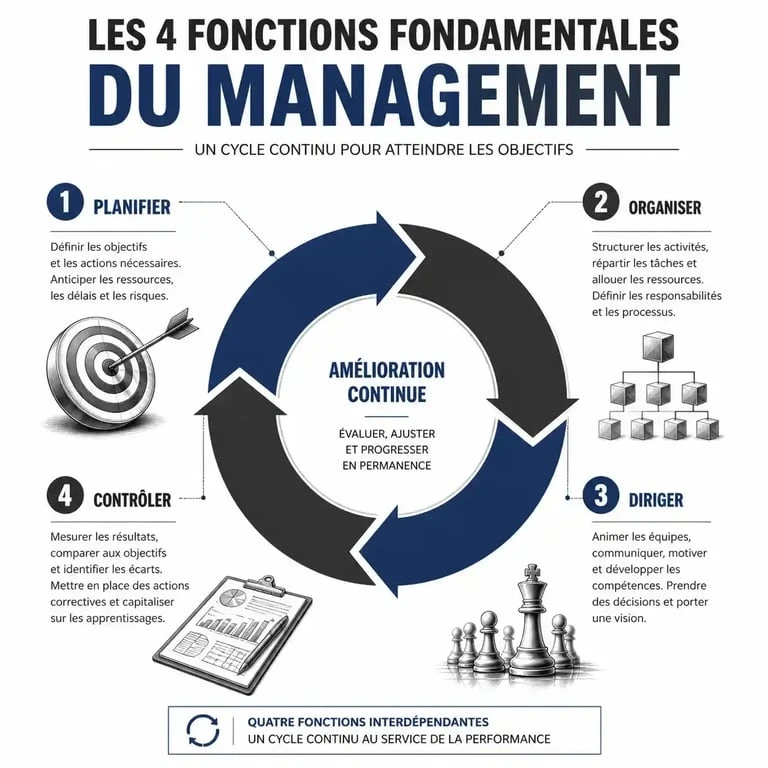 Infographie des 4 fonctions fondamentales du management : planifier, organiser, diriger, contrôler.