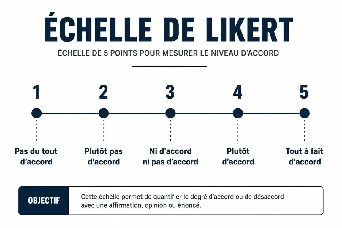 Infographie illustrant la structure d'une échelle de Likert à 5 points pour mesurer des opinions.