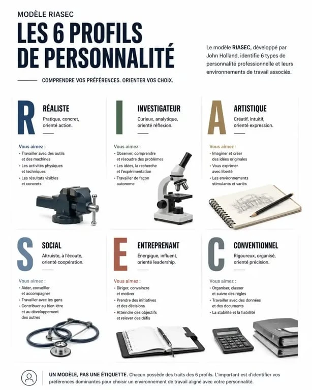 Infographie des profils professionnels RIASEC pour savoir quel métier est fait pour moi