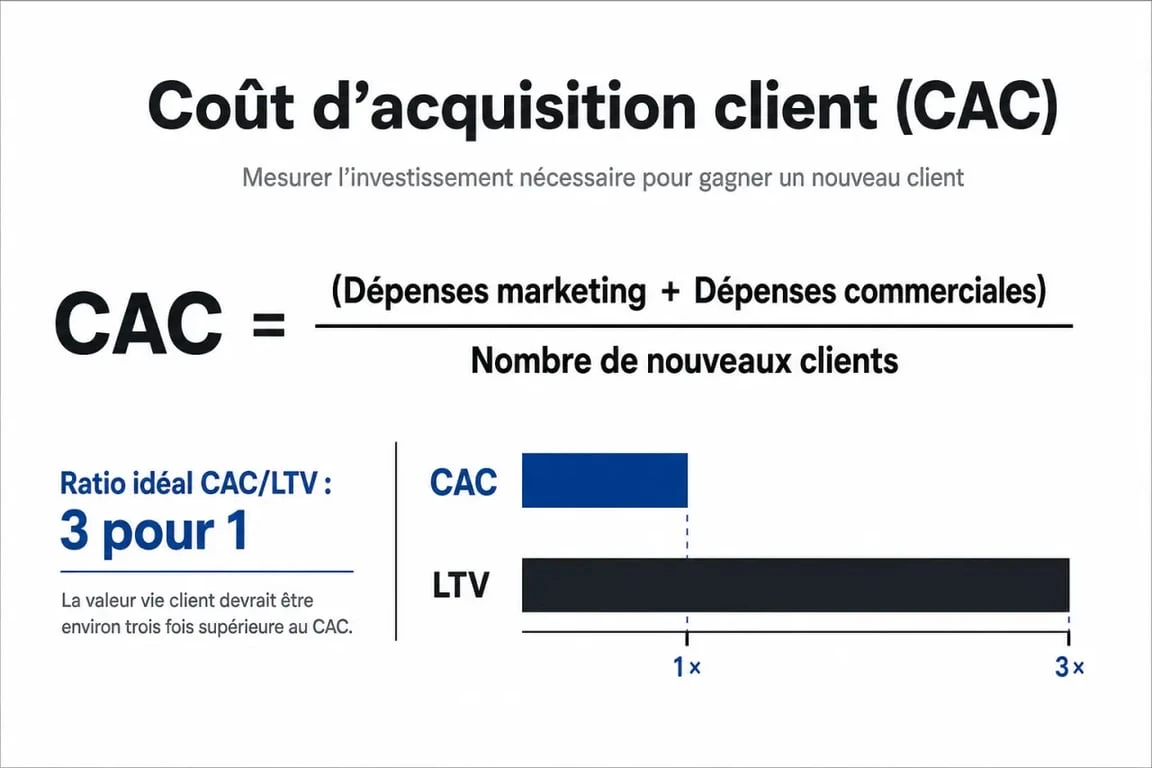 Infographie illustrant le calcul du coût d'acquisition client (CAC) et le ratio idéal CAC/LTV