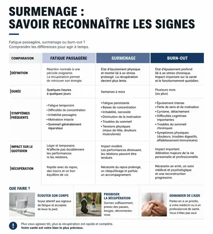 Infographie comparative des symptômes du surmenage, de la fatigue et du burn-out pour identifier les signes d'épuisement.