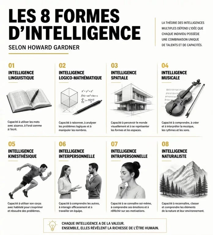 Infographie illustrant les 8 formes d'intelligence de la théorie de Howard Gardner pour comprendre ce qu'est l'intelligence.