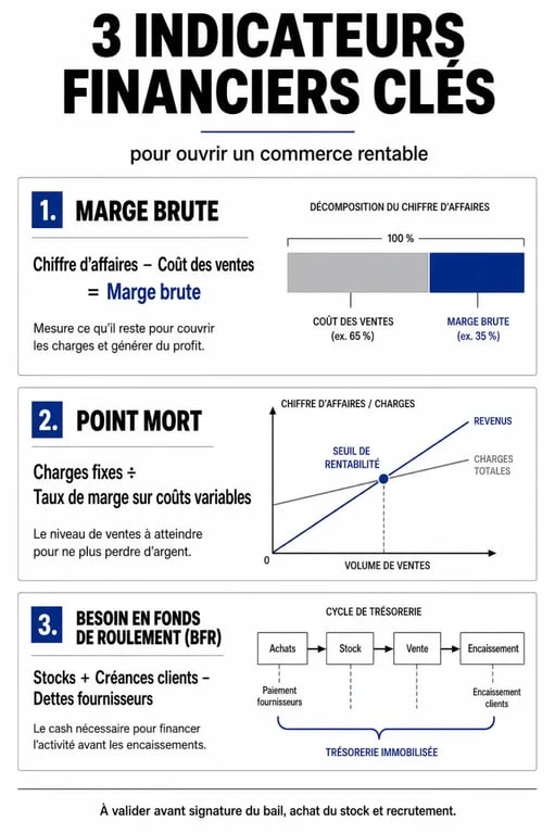 Indicateurs financiers clés pour ouvrir un commerce rentable : marge brute, point mort et BFR