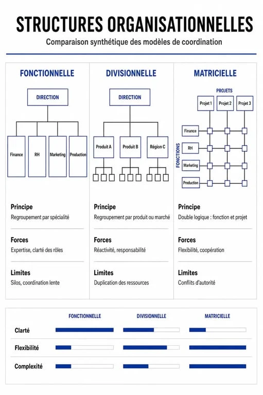 Infographie comparative des structures organisationnelles : fonctionnelle, divisionnelle et matricielle